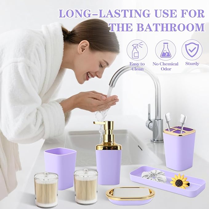 Purple Bathroom Accessories, Bathroom Sets with Stripe Shower Curtain, Purple and Gold Bathroom Accessories Set with Trash Can, Soap Dispenser, Soap Dish, Qtip Holders for Bathroom
