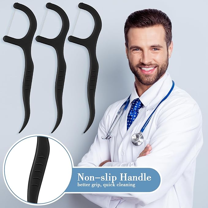 Baderke 200 Count Floss Picks Bulk Non Breakable Tooth Picks Flosser Dental Floss Sticks for Adults Teeth Cleaning Dental Flossers for Family Pack Travel(Black)