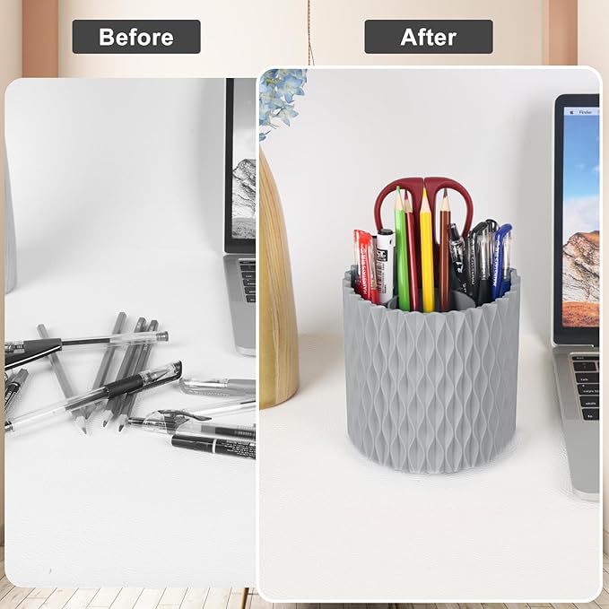Makeup Brush Holder Organizer-360° Rotating Makeup Brush Storage,Pencil Pen Holder Cup,Desk Accessories,5 Slot Make up Brushes Cup, for Vanity Desktop Bathroom Countertop(Grey