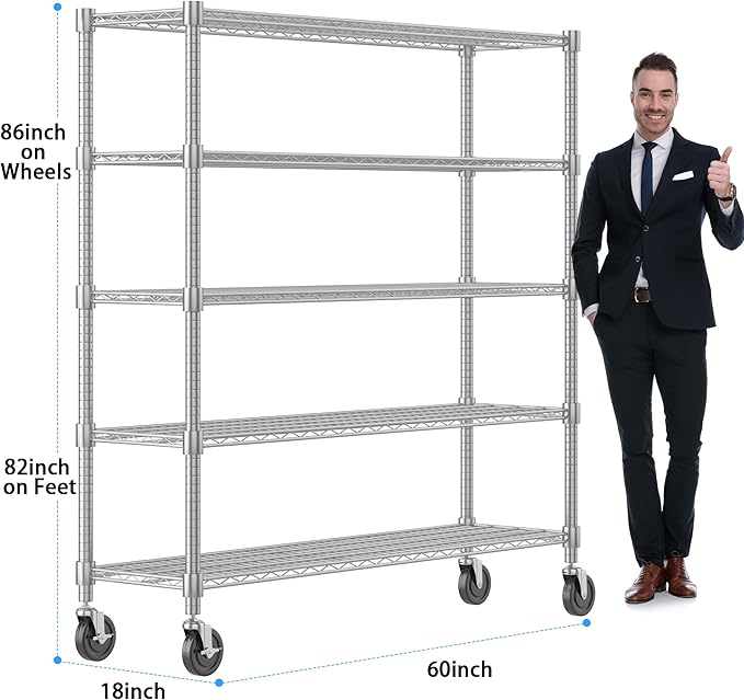 Homdox Heavy Duty Metal Shelves for Storage, 5 Tier Storage Racks and Shelving, Commercial Adjustable Wire Shelving Unit on Wheels, Garage Rack Pantry Shelves Kitchen Shelving, 18"x60"x82", Chrome