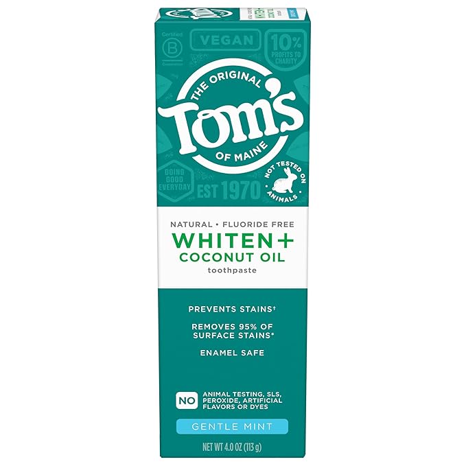 Tom’s of Maine Whiten Plus Coconut Oil Fluoride Free Toothpaste, Natural Whitening Toothpaste with Plant-Based Cleansers, Whitens Without Causing Sensitivity, Gentle Mint, 4.0 Oz (Pack of 3)