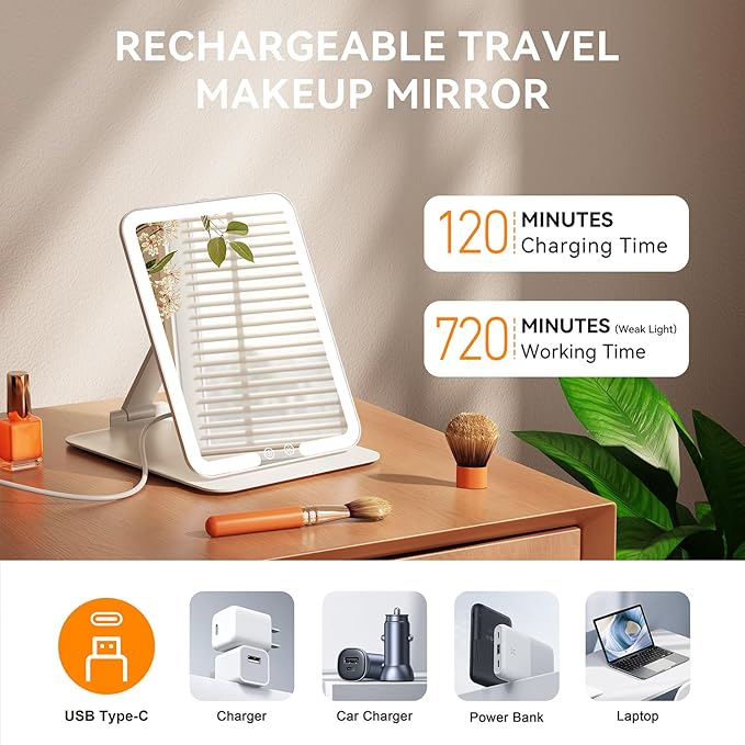 Auxmir Travel Makeup Mirror with Light, Portable Folding Lighted Travel Makeup Mirror with 72 LEDs, Rechargeable Compact Vanity Mirror with 3 Dimmable Color Lights, Adjustable Height and Angle, White