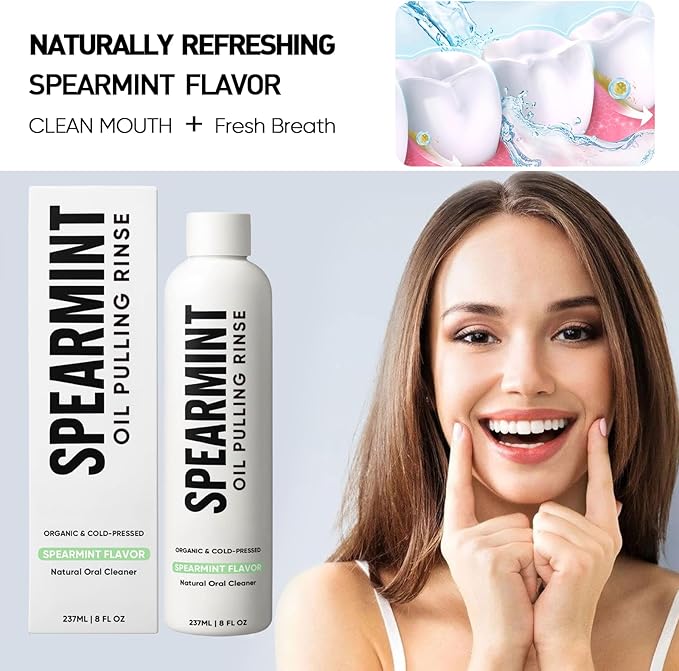 Spearmint Oil Pulling Rinse – with Organic Cold-Pressed Coconut Oil ＆ Mentha Haplocalyx Oil, Natural Mouthwash for Fresh Breath, Healthy Gums & Teeth Whitening, 8 fl oz (1)