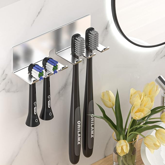 Electric Toothbrush Head Holder, Toothbrush Holders Wall Mounted, Electric Toothbrushs Holder, Bathroom Shower Tooth Brushing Holder, Tooth Brush Head Holder Organiser (Silver, Large)