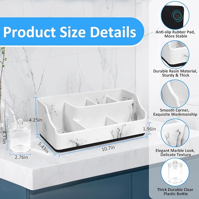 Marble Toothbrush Holder for Bathroom Organizer Countertop, Toothbrush Organizer with Qtip Holder Dispenser, White Toothbrush and Toothpaste Holder for Bathroom Counter Organization Storage Vanity