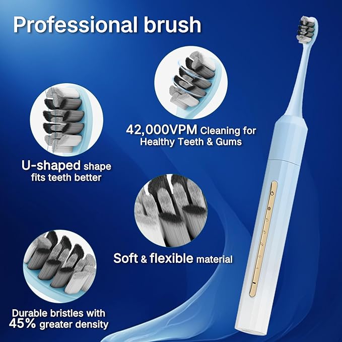 Lumivoid Sonic Electric Toothbrush for Adults & Kids - 10 Brush Heads, 30-Day Battery, 5 Modes, 2-Min Timer, IPX8 Waterproof, Rechargeable & Travel-Friendly (Blue White)