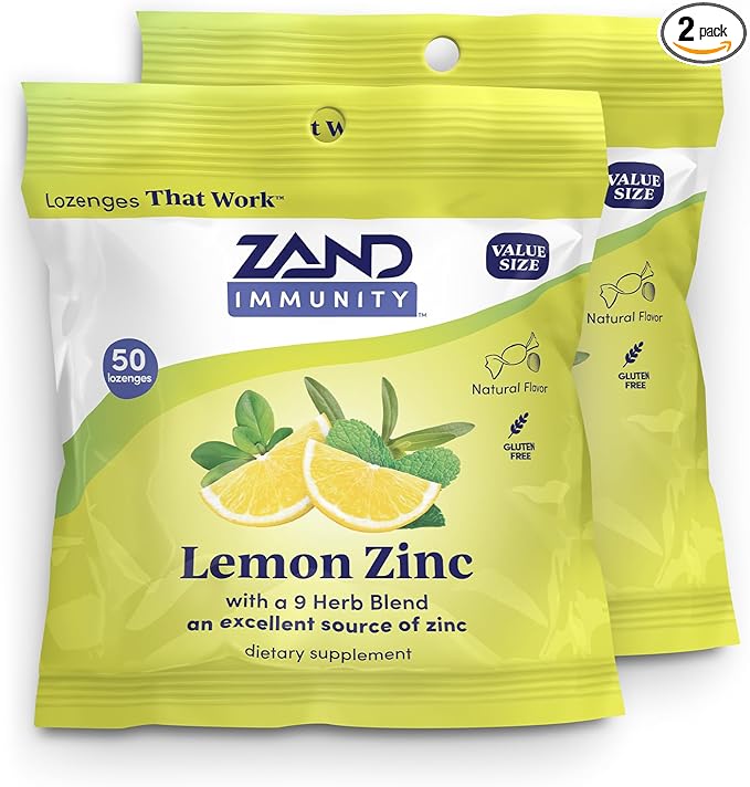 ZAND Immunity Lemon Zinc Throat Lozenges 2 Pack - Good-for-You Dry Mouth Lozenges, Immune Support Supplement w/Zinc 5mg, Eucalyptus, Mullein, Soothe a Dry Throat, Natural Flavor, Gluten Free, 50ct ea