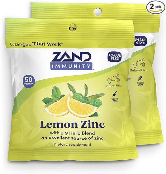 ZAND Immunity Lemon Zinc Throat Lozenges 2 Pack - Good-for-You Dry Mouth Lozenges, Immune Support Supplement w/Zinc 5mg, Eucalyptus, Mullein, Soothe a Dry Throat, Natural Flavor, Gluten Free, 50ct ea