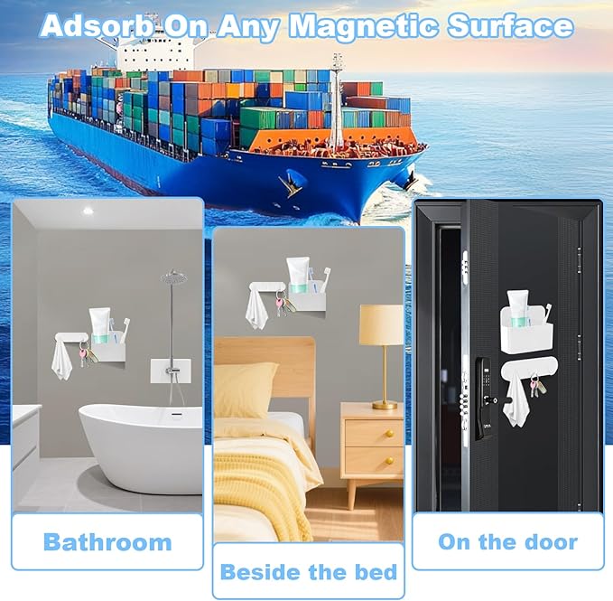 Magnetic Wall-Mounted Toothbrush Holder with Magnetic Hooks for Cruise ，Cruise Ship Essentials 2025- No Drilling Needed for Royal Caribbean & Alaska Cruise Ships, Caribbean Royal Must-Haves（White）