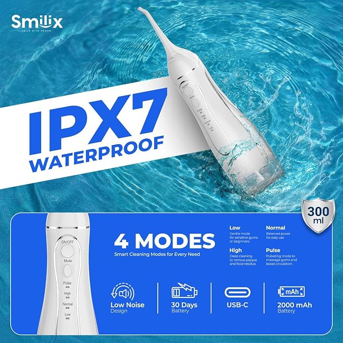 Smilix Water Flosser, 4-Mode Cordless Oral Irrigator – 300ML, USB-C, Waterproof (IPX7), 5 Jet Tips, Travel Case – Powerful Deep Cleaning for Teeth & Gums