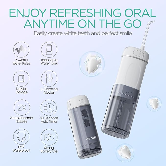 VOYOR-HEALTH Portable Water Flosser Cordless, Mini Travel Oral Irrigator with Telescopic Water Tank, IPX7 Waterproof Water Dental Flosser for Teeth Cleaning Braces & Dental Care WF510 (Silver)