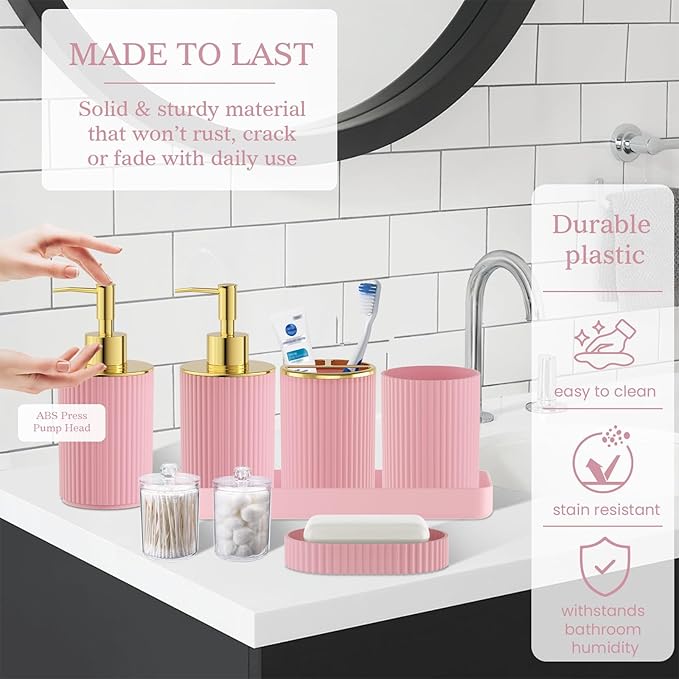 Light Pink Bathroom Accessories Set, 10PC Bathroom Set, Bath Accessory with Pop Up Trash Can, Soap Dispenser, Toilet Brush, Toothbrush Set Qtip Holders & Tray