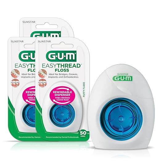 GUM EasyThread Threader Floss - Expanding Dental Floss for Braces, Bridges, and Implants - Built in Rigid Floss Threaders (50 Uses)(Pack of 3)