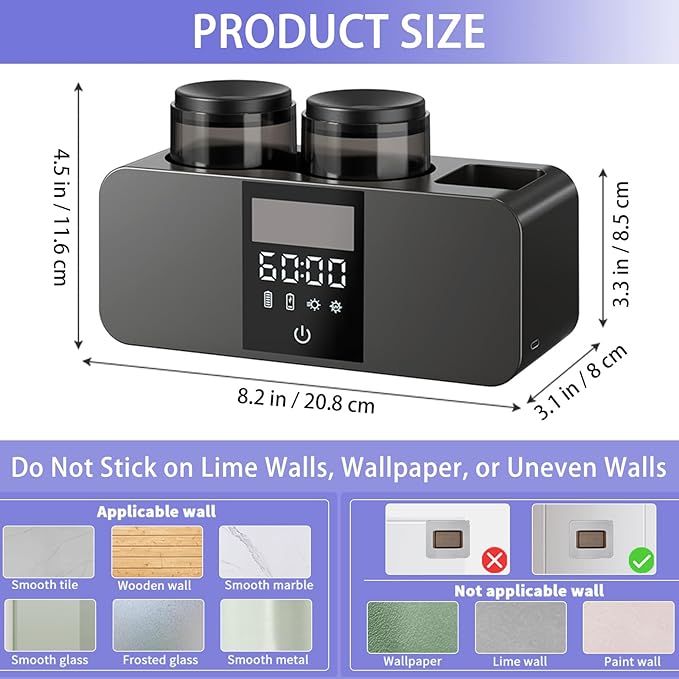 Toothbrush Holder Wall Mounted, 2 Cups Solar Powered Toothbrush Stand, Smart Toothbrush Holder with Cleaning and Drying, Cleaning Box with 4 Toothbrush Slot for Bathroom (Black - 2 Cup)