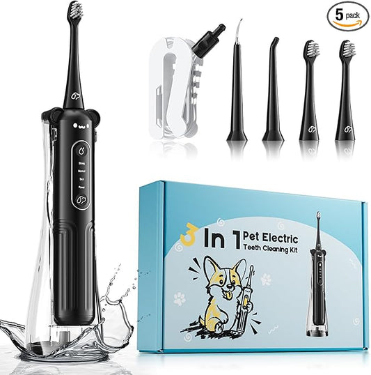 Dog Tooth Brushing Kit, 3-in-1 Dog Electric Toothbrush with Water Flosser, Dog Teeth Cleaning Tools with 3 Modes, Deep Cleaning Kit for Dogs and Cats, IPX7, 1100mAh Battery, Black