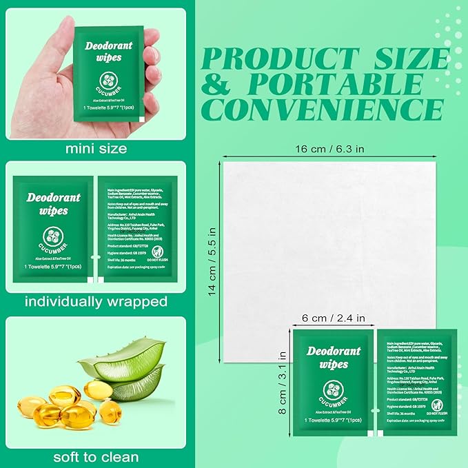 Travel Deodorant Wipes Individually Wrapped,Body Wipes to Clean Skin for Women Men（Cucumber,pack of 50)
