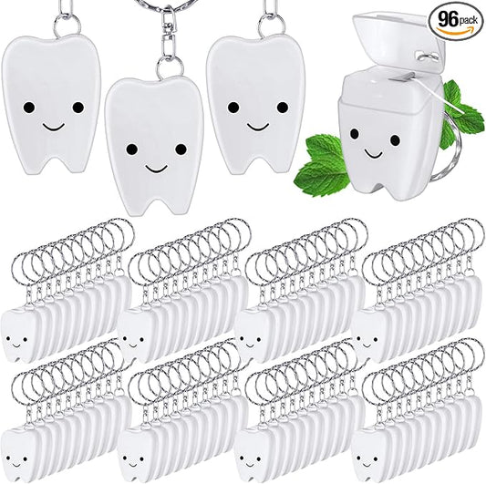 Landical 96 Pcs Mini Dental Floss Keychain Bulk Tooth Shaped Portable Teeth Floss Cleaning for Homeless Party Favors Travel Donated Gifts Teeth Cleaning Oral Care Mint Flavor 15 M /16. 4 Yard