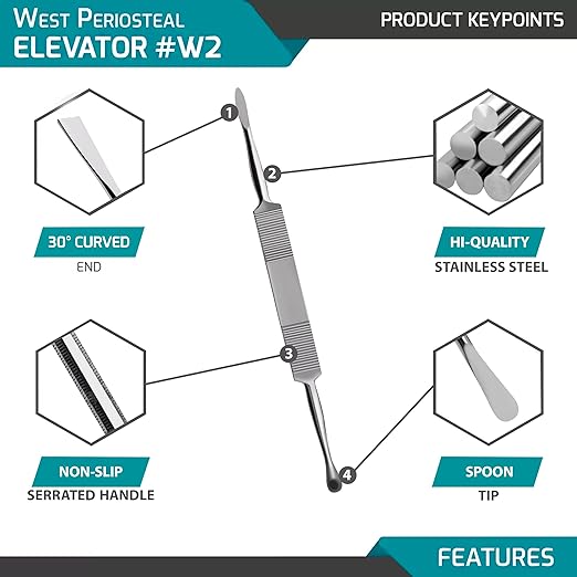 Periosteal Elevators Dental Surgical Instruments lab Work, German Grade Stainless Steel, (WEST W2)