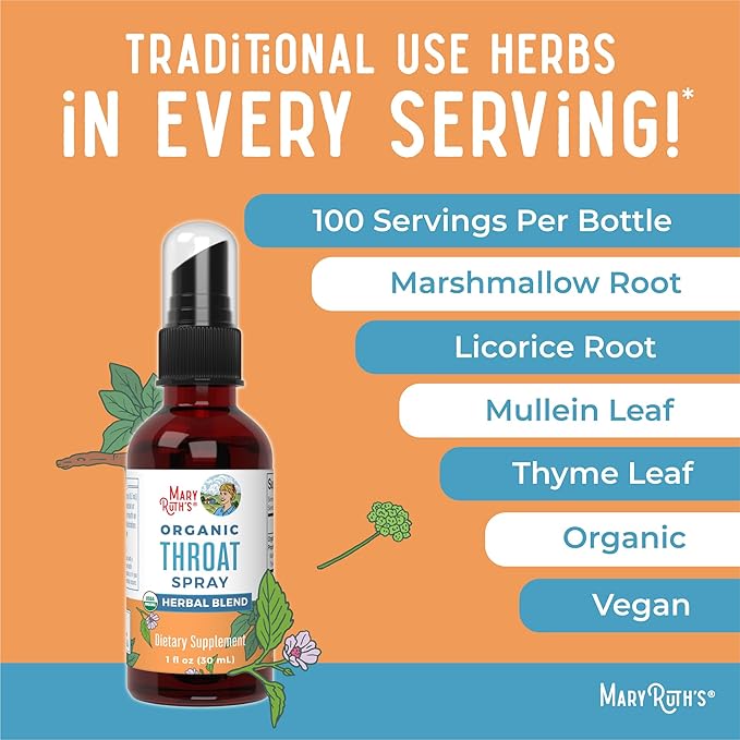 MaryRuth Organics USDA Organic Throat Spray with Mullein Leaf | Marshmallow Root & Licorice Root & Thyme Leaf | 4 Herbal Blend | Non-GMO | Vegan | Gluten Free | 1 Fl Oz | Up to 100 Servings