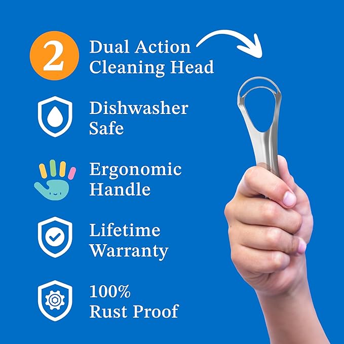 Mouthology Tongue Scraper for Kids (2 Pack), Stainless Steel Tongue Cleaner (Reduce Bad Breath), Metal Tongue Scrubber for Children, Improve Oral Health