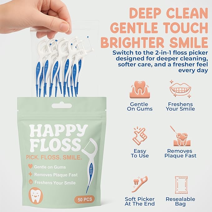 Premium 2-in-1 Dental Floss Picks with Soft Dental Pick – Dual-Action Floss Sticks for Plaque Removal, Gum Care – 50 Count