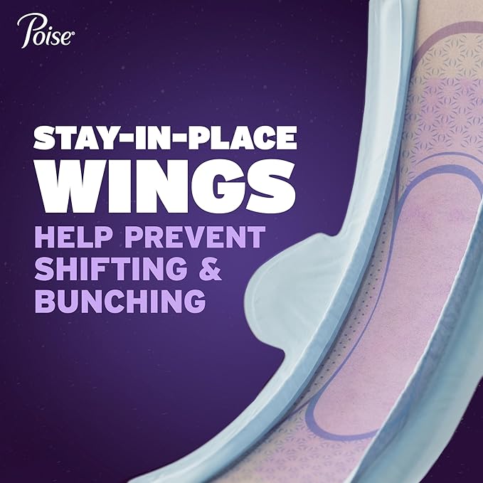 Poise Overnight Ultra Thin Incontinence & Postpartum Pads with Wings for Bladder Leaks, 8 Drop Extra Absorbent, Long Length, 60 Count (3 Packs of 20)