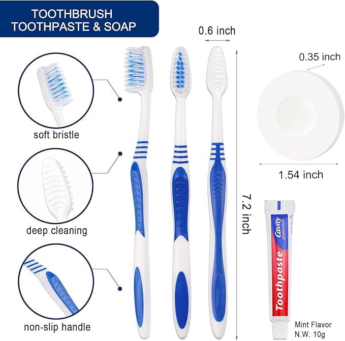 50 Set Disposable Toothbrushes with Toothpaste and Soap Individually Wrapped, 50 pcs Toothbrushes, 5 Colors with 50 pcs Bar Soap(0.5 oz)