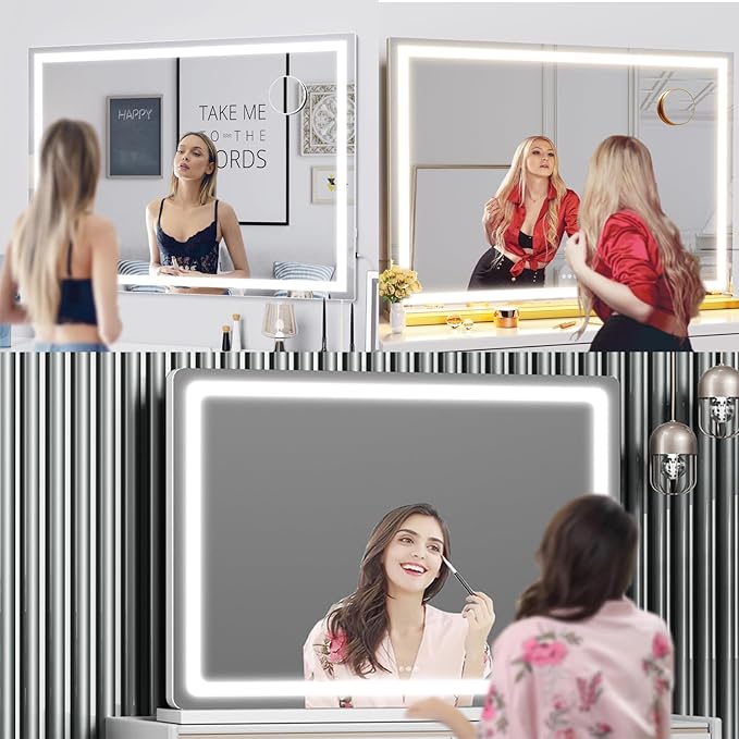 Makeup Vanity Mirror with Lights 26" x 20" Large LED Makeup Mirror, Light up Mirror with 10X Magnification and USB Charging Port, Dimmable 3 Modes, Touch Screen Control Square Corner
