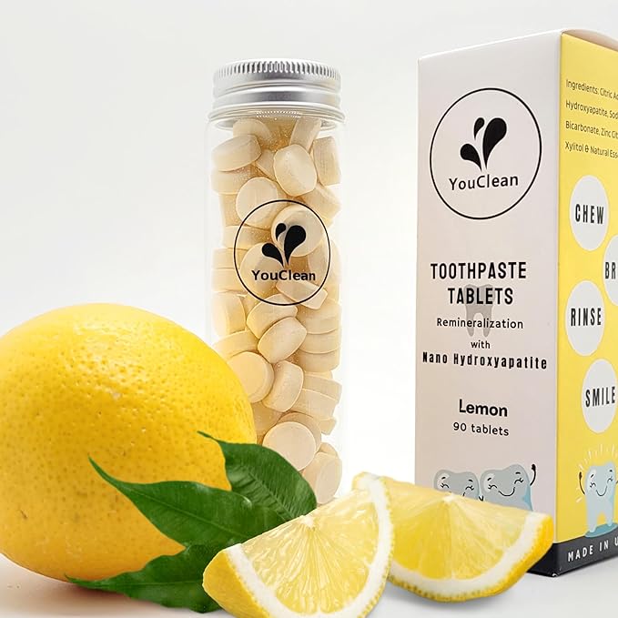 90 Toothpaste Tablets in Refill/Recycle Glass Tube - for Travel and Daily Home Office Use - Nano Hydroxyapatite, Fluoride-Free, Vegan (Citrus Lemon)