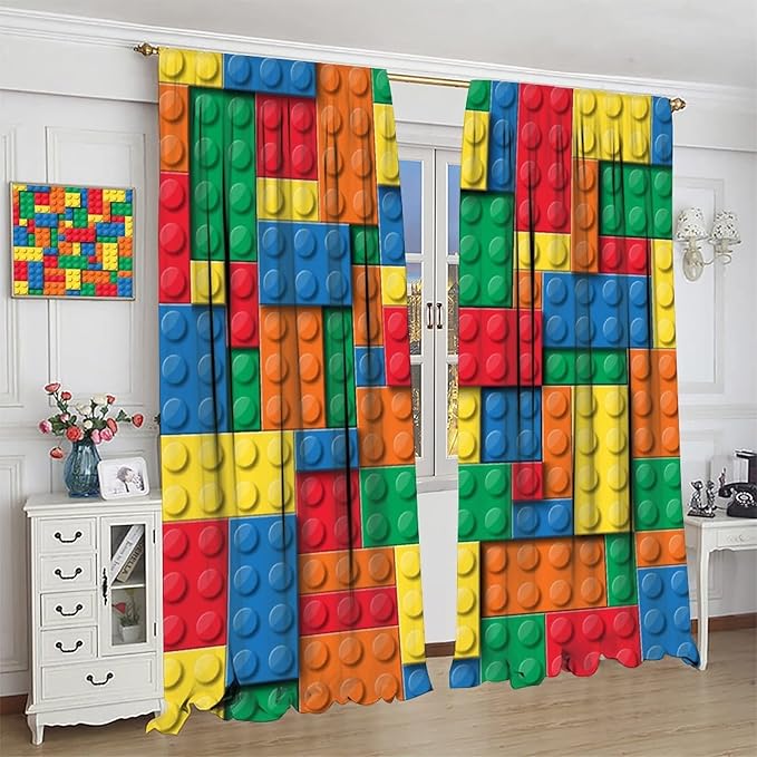 Building Block Toy Curtain Rod Pocket Children's Nursery Abstract Outline Colorful Toy Cartoon Theme Brick Geometric Print Curtain, Blackout Curtain for Boys and Girls Room 42x54in