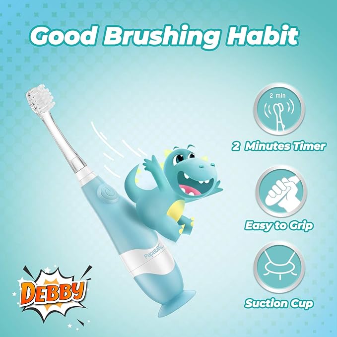 Papablic Toddler Sonic Electric Toothbrush Kids for Ages 1-3 Years, Baby Electric Toothbrush with Cute Dino Cover and Smart LED Timer, 4 Brush Heads (Debby)