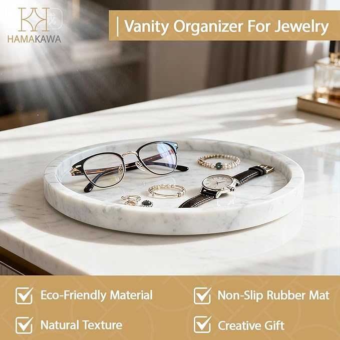 Natural Marble Bathroom Vanity Tray, Large Round Sink Tray 9.5 inch, Carrara White Limestone Dresser Tray, Modern Countertop Organizer for Soap Dispenser, Kitchen Counter, Home Decor
