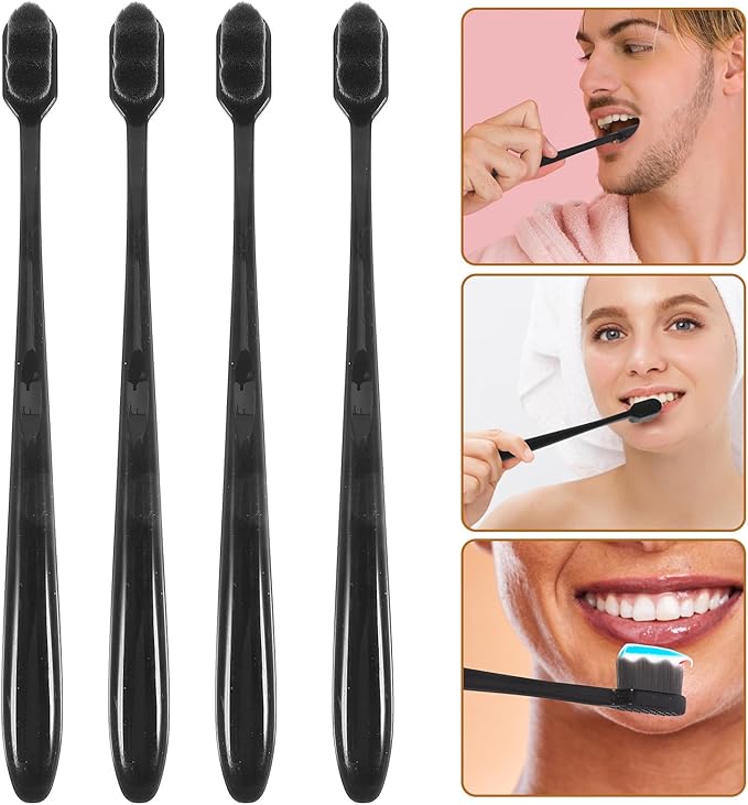 4pcs Soft Manual Toothbrushes for Adults and, Extra Soft Black Bristles with Ergonomic Handle, Portable Travel Toothbrushes for Gentle Gum Care and Daily Teeth Random Color