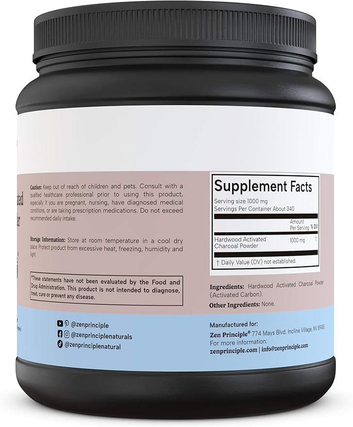 Zen Principle Activated Charcoal Powder only from USA Hardwood Trees. All Natural. Whitens Teeth, Rejuvenates Skin and Hair, Supports Better Digestion. Free Scoop Included. 12 oz.