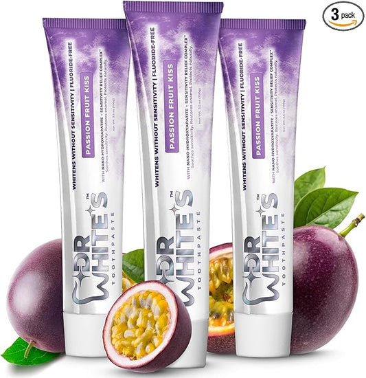Dr. White’s Fluoride-Free nHA Toothpaste 3-Pack; Dentist-Formulated, Nano Hydroxyapatite + Xylitol, Sensitivity Relief Complex™, Mint-Free, Enamel Safe, Swallow-Safe (3.5 Oz, Passion Fruit Kiss)
