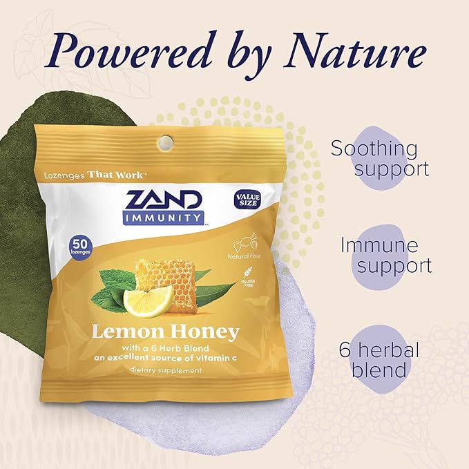 ZAND Immunity Lemon Honey Throat Lozenges 2 Pack with Vitamin C, Organic Honey - Good-for-You Dry Mouth Lozenges - Immune Support Supplement - Natural Flavor, Vegetarian, Gluten Free, 50ct ea