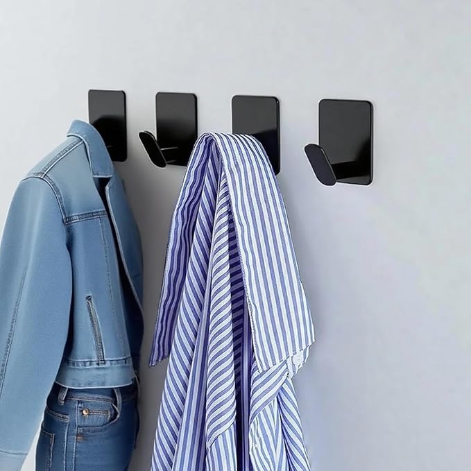 4-Pack Stainless Steel Adhesive Hooks,Multi-Purpose Adhesive Wall Hooks for Towel/Keys/Bags,Ideal for Bathroom & Kitchen and RV Accessories (Matte Black)