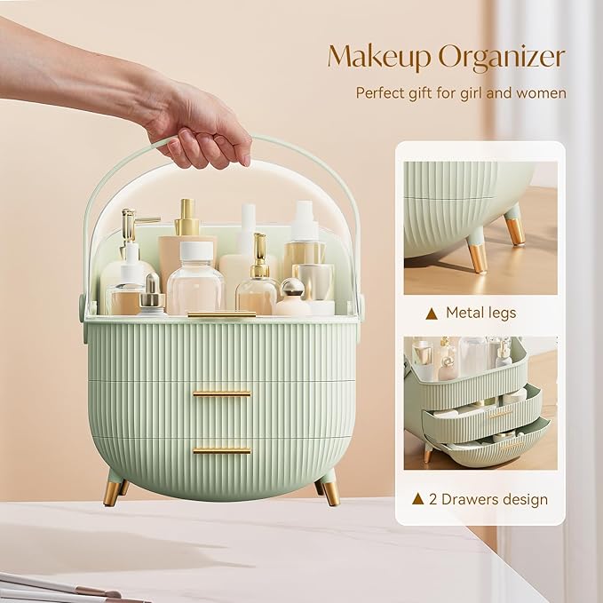 Makeup Organizers, Make Up Organizer for Vanity, Countertop Cosmetic Storage with Drawers and Transparent Cover for Bedroom Bathroom, Light Green