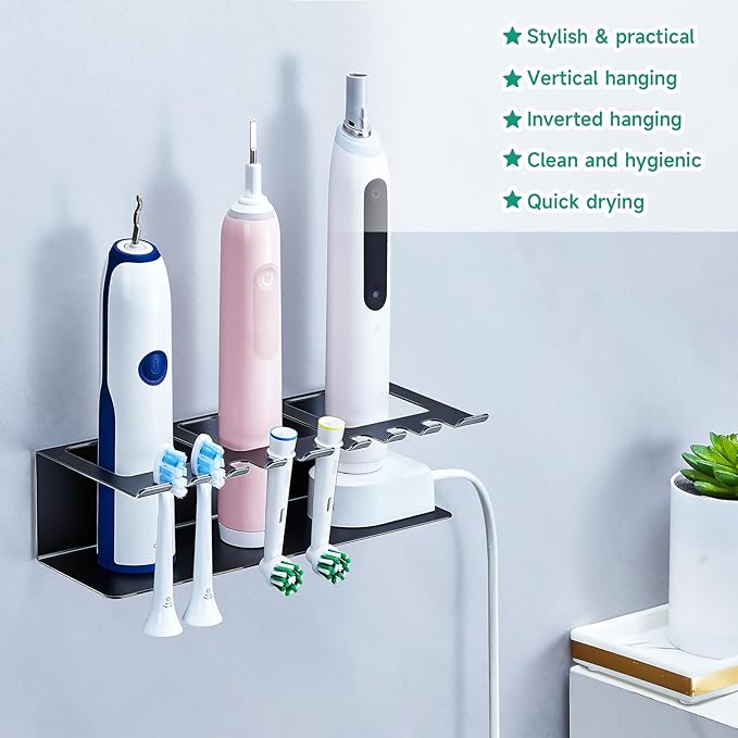 Electric Toothbrush Head Holders, Electric Toothbrush Holders Wall Mounted, Shower Electric Head Holder, Toothbrush and Toothpaste Holder, Tooth Brushing Holder for Bathroom (Black, Large)