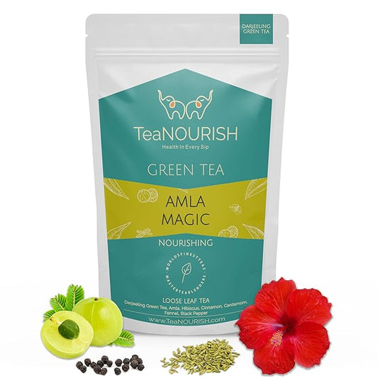 TeaNOURISH Amla Magic Green Tea | Whole Leaf Tea | Blended with Amla, Hibiscus, Fennel, Cardamom & Cinnamon | 100% NATURAL | Brew Hot or Iced Tea - 3.53oz/100g