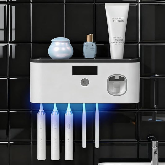 Toothbrush Holders for Bathrooms, Toothbrush Holder Wall Mounted with Toothpaste Dispenser Bathroom Solar Charging and No Drilling Required Tooth Brush Holder with 5 Brush Slots（Black）