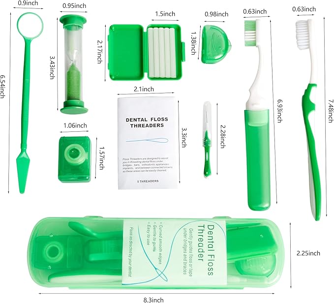 Wenge Portable Orthodontic Oral Care Kit - 2Pack - Travel Kit for Patients, Interdental Brushing Wax Floss Toothbrush Cleaning (Red_Green)