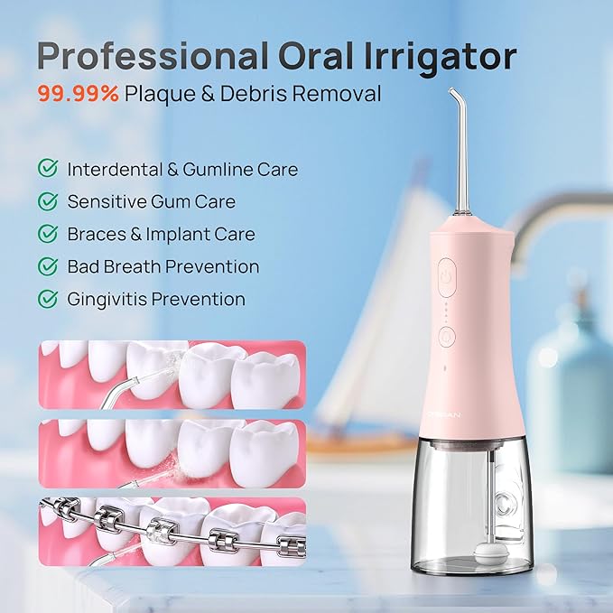 Operan Cordless Water Flossers for Teeth, 300ML Rechargeable Oral Irrigator with 4 Modes & 4 Nozzles, Portable Water Flossers for Adults, IPX7 Waterproof for Home and Travel, Pink，01Pack