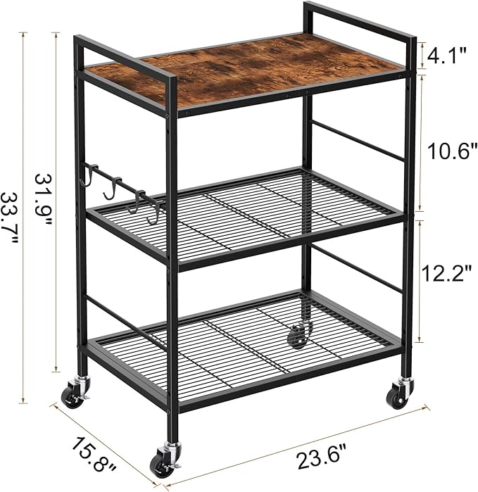 XIVIRACK 3-Tier Metal Storage Rack with Industrial Wheels,Mesh Shelving Unit with Wooden Table top,Adjustable Shelf,23.6-Inch Width,15.8-Inch Depth, for Kitchen, Laundry,Pantry,Plant,Black