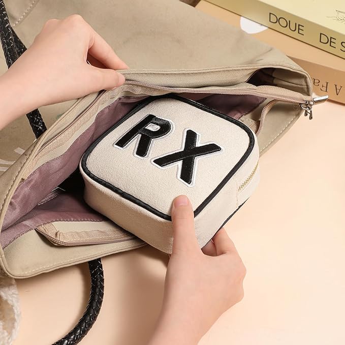 Small Canvas Rx Medicine Packages, Cute Chenille Letter Patch Drug Makeup Bag with Metal Zipper, Mini Travel First Aid Purse Organizer Machine Washable (01Beige)