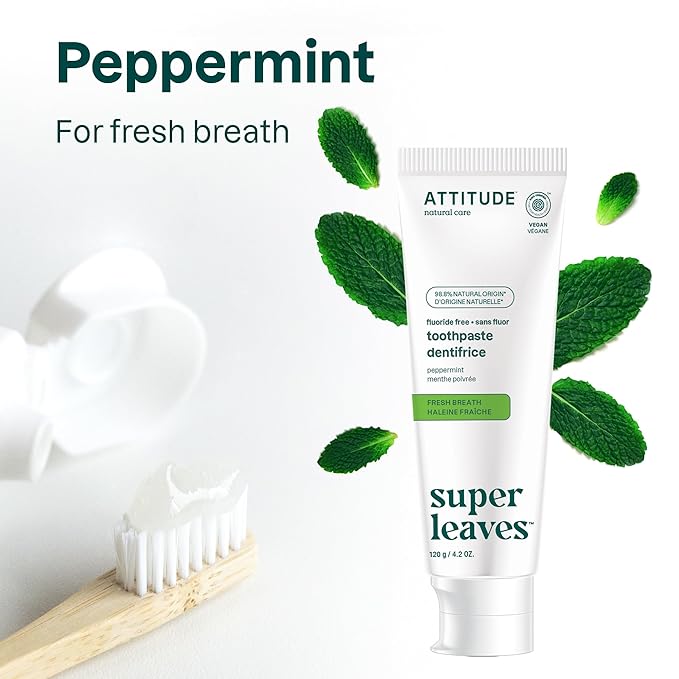ATTITUDE Fluoride-Free Fresh Breath Toothpaste, Peppermint Flavor, Vegan & Cruelty-Free, Sugar-Free, Plant & Mineral-Based Ingredients, Clean Oral Care, 4.2 Oz