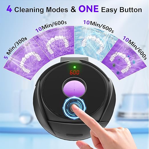 Ultrasonic Retainer Cleaner Machine 45khz Cleaning Pod for Denture Cleaner 200ml Mouth Guard, Aligner, Night Guard, Toothbrush, Jewelry, 4 Cleaning Modes Digital Timer, Gifts for Women, Black