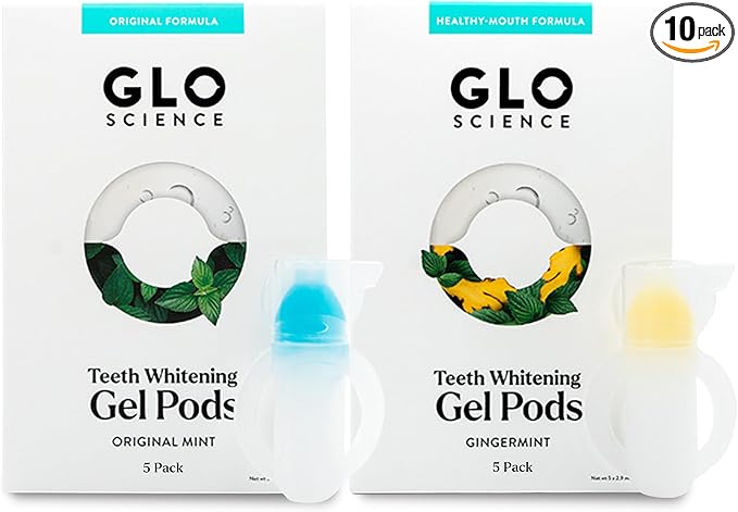 GLO Science Teeth Whitening Gel Pods – Safe, Effective Tooth Whitener with Silicon Brush, 6% Hydrogen Peroxide – Fastest Way to Whiter Teeth, Sensitivity Free – 5-Pack of Mint + 5-Pack of Gingermint