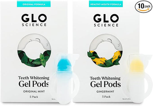 GLO Science Teeth Whitening Gel Pods – Safe, Effective Tooth Whitener with Silicon Brush, 6% Hydrogen Peroxide – Fastest Way to Whiter Teeth, Sensitivity Free – 5-Pack of Mint + 5-Pack of Gingermint