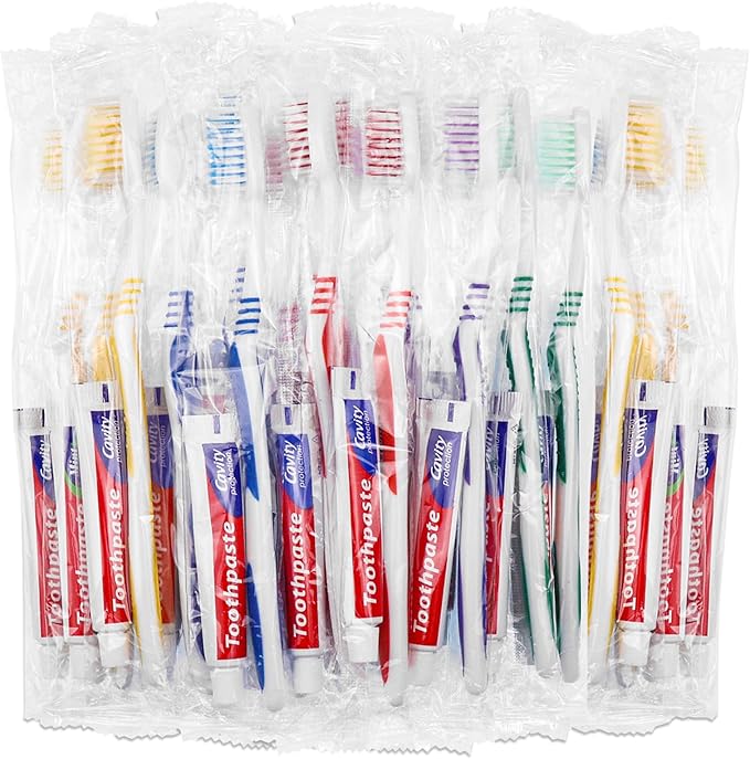 50 Set Disposable Toothbrushes with Toothpaste and Soap Individually Wrapped, 50 pcs Toothbrushes, 5 Colors with 50 pcs Bar Soap(0.5 oz)